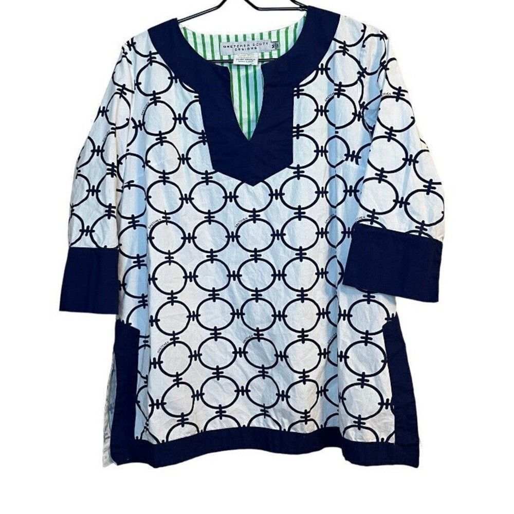 Gretchen Scott Medium White Blue Cotton Circles 3/4 Sleeve Tunic Top
